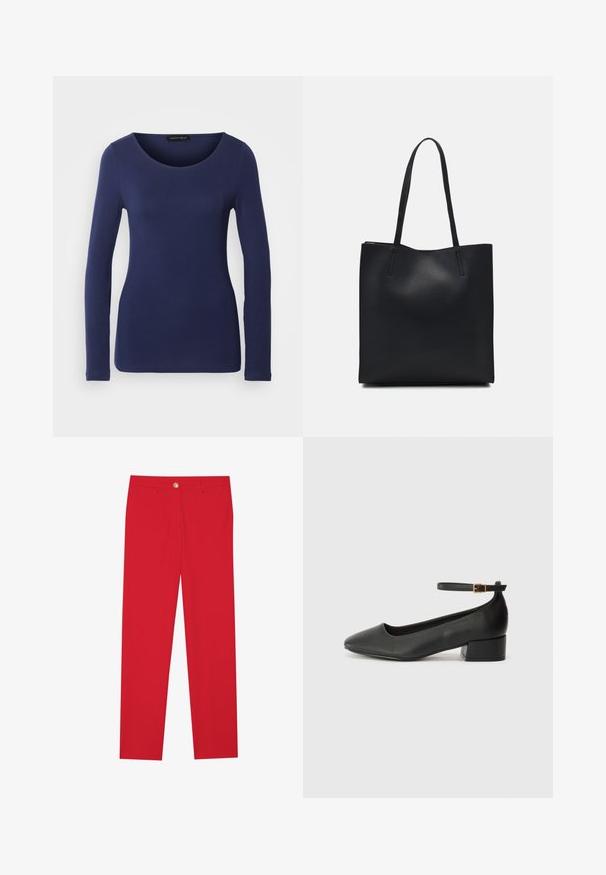 Jūras spēku garām piedurknēm T-krekls, kas izgatavots no mīksta materiāla, ar apaļu kakla izgriezumu un pieguļošu dizainu. Nav redzamu rakstu vai akcentu.; Sarkanas bikses ar taisnas kājas piegriezumu, plakanu priekšpusi, vienu pogu un divām sānu kabatām. Taisna auduma virsma bez redzamām rakstu vai akcentu detaļām.; Melnas ādas sūkņi ar smailu purngalu un zemu bloku papēdi. Iezīmēts ar potītes siksniņu ar zelta krāsas sprādzi. Gluda tekstūra.; Melnas ādas somiņa ar gludu tekstūru, taisnstūra formu un divām garām rokturiem. Nav redzamu aparatūras vai rotājumu.