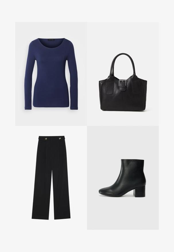 Sötétkék, hosszú ujjú póló, puha anyagból készült, kerek nyakkal és testhezálló szabással. Nincsenek látható minták vagy díszítések.; Fekete, bő szárú nadrág magas derékkal, gombos részletekkel a derékrészen és elülső pliszékkal.; Fekete bőr bokacsizma hegyes orral és vastag sarokkal. Sima felület minimális díszítéssel és karcsú, passzos kialakítással.; Fekete bőr bevásárlótáska sima textúrával, strukturált formával, két fogantyúval és egy figyelemfelkeltő ezüst csattal az elején.