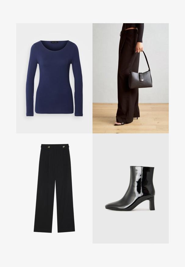 Sötétkék, hosszú ujjú póló, puha anyagból készült, kerek nyakkal és testhezálló szabással. Nincsenek látható minták vagy díszítések.; Fekete, bő szárú nadrág magas derékkal, gombos részletekkel a derékrészen és elülső pliszékkal.; Fekete lakk bőrcipő bokáig érő, hegyes orral és közepes magasságú tömbsarokkal. Simább textúrával és minimalista dizájnnal rendelkezik.; Fekete kézi táska strukturált formával, sima textúrával és fémből készült záródással. Széles fekete nadrággal és nyitott orrú szandállal párosítva, fából készült padlón.
