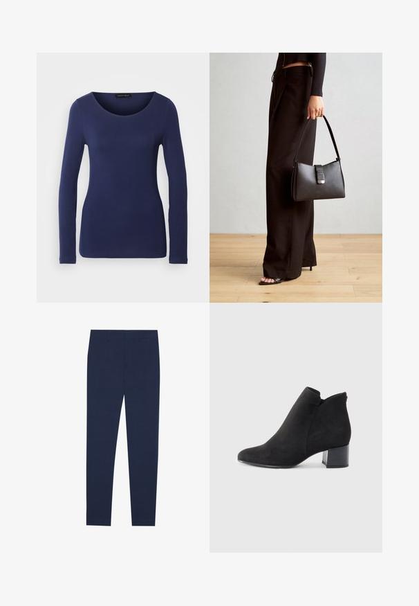 Navy modré tričko s dlouhým rukávem vyrobené z měkkého materiálu, s kulatým výstřihem a přiléhavým střihem. Žádné viditelné vzory ani akcenty.; Námořnické modré kalhoty vyrobené z hladkého materiálu, s rovnými nohavicemi a plochým předním dílem. Žádné viditelné vzory ani akcenty.; Černé semišové kotníkové boty s špičatou špičkou, nízkým blokovým podpatkem a výřezem kolem kotníku pro moderní vzhled.; Černá kabelka se strukturovaným tvarem, hladkým povrchem a kovovým uzávěrem. Kombinována s širokými černými kalhotami a sandály s otevřenou špičkou na dřevěné podlaze.