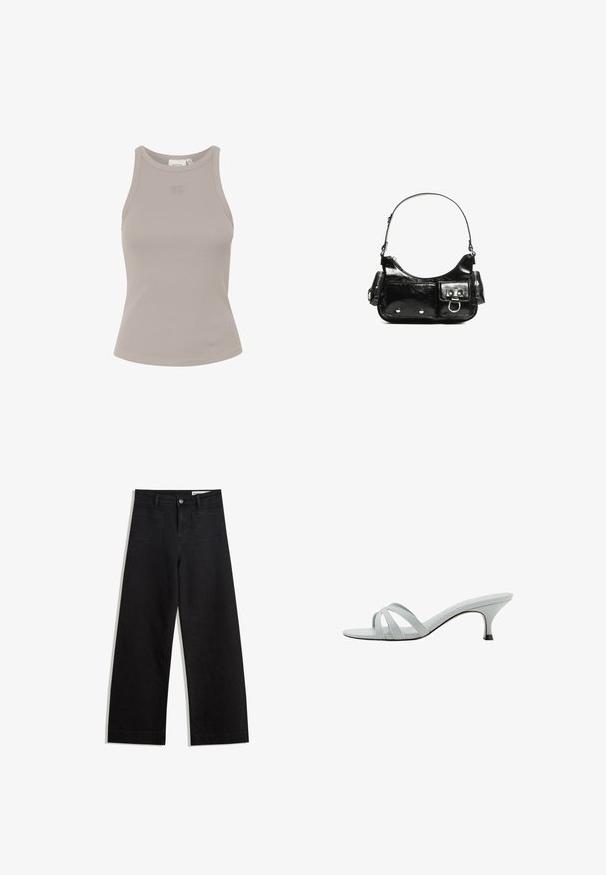 Top fără mâneci, cu model cu striții, de culoare gri deschis, cu decolteu rotund și branding discret pe față. Fabricat dintr-un material moale și elastic.; Pantaloni din denim negri cu picioare largi, cu talie înaltă, având buzunare frontale și posterioare, cusături dublate și închidere cu nasture. Textură netedă.; Sandale cu toc gri deschis, cu trei curele încrucișate, un profil subțire și un toc îngust. Textură netedă cu un finisaj ușor lucios.; Geantă de mână din piele lăcuită neagră, cu o formă curbată, un umăr, buzunare frontale și accente din metal argintiu.