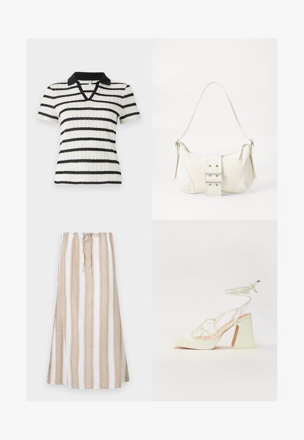 Bílá košile s krátkým rukávem s černými vodorovnými pruhy a černým polo límečkem. V-výstřih s žebrovanou texturou.; Pruhovaná sukně v bílé a světle hnědé barvě, s tkaničkovým pasem a dlouhým, splývavým střihem. Vyrobena z lehkého materiálu s volným střihem.; Bílé sandály na vysokém podpatku s robustním podpatkem, s designem s pásky a zavazováním kolem kotníku. Hladký povrch s platformou vpředu pro zvýšení výšky.; Bílá kabelka na rameno s texturovaným povrchem, centrálním akcentem v podobě spony a zakřiveným tvarem. Zipové uzávěry na obou stranách.