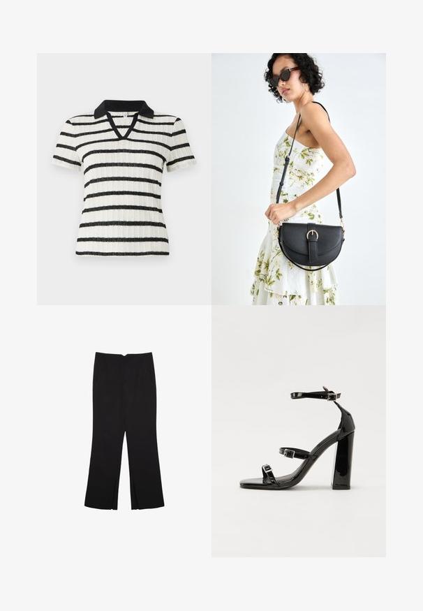 Biała koszula z krótkim rękawem w czarne poziome paski, z czarnym kołnierzykiem polo. Dekolt w kształcie litery V z prążkowaną fakturą.; Czarne spodnie o prostym kroju, z przednimi kieszeniami i bocznymi rozcięciami na dole. Wykonane z miękkiego, gładkiego materiału. Odpowiednie na różne okazje.; Czarne lakierowane sandały na obcasie z kwadratowym noskiem, z paskami wokół kostki i srebrnymi klamrami. Posiadają masywny słupek dla stabilności.; Czarna skórzana torebka o zakrzywionym kształcie, z odpinanym paskiem i złotymi akcentami. Torebka posiada klapę z zapięciem w kształcie klamry.