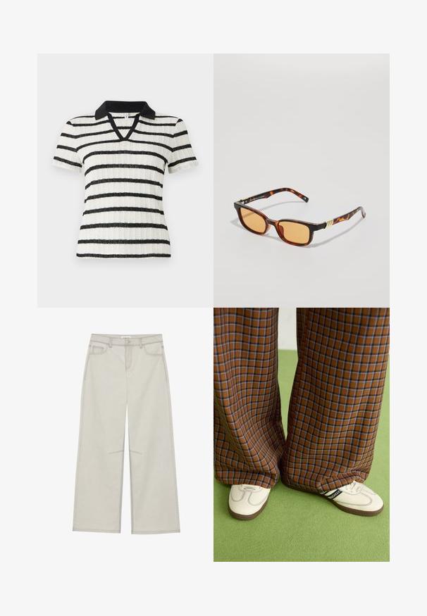 Camisa blanca de manga corta con rayas horizontales negras y un cuello de polo negro. Diseño de cuello en V con textura acanalada.; Pantalones de pierna ancha gris claro con cinco bolsillos, cierre frontal de botón y costuras contrastantes a lo largo de las costuras. La tela parece suave y duradera.; Pantalones de pata de elefante de cuadros marrones y azules combinados con zapatos blancos con detalles en negro y suelas texturizadas, sobre un fondo verde.; Gafas de sol carey con montura rectangular, lentes naranjas y bisagras con detalles en dorado. Material plástico ligero.; Bufanda azul con flecos, hecha de un tejido suave; presenta un color sólido con una superficie texturizada y flecos cortados de manera uniforme en la parte inferior.