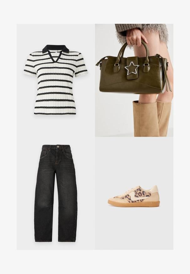 Witte korte mouwen shirt met zwarte horizontale strepen en een zwarte polo kraag. V-hals ontwerp met ribbeltextuur.; Zwarte denim jeans met een recht model, vijf zakken, zichtbare stiksels en een sluiting met een voorknoop. Getextureerde stof met lichte vervaging.; Luipaardprint sneakers met een beige suède bovenkant, tan rubberen zool en witte accenten. Ronde neus en vetersluiting met een gestructureerde afwerking.; Olijf groen neplederen handtas met zilveren steraccent, dubbele handvatten en een ritssluiting. Gelaagd oppervlak en gestructureerde vorm.