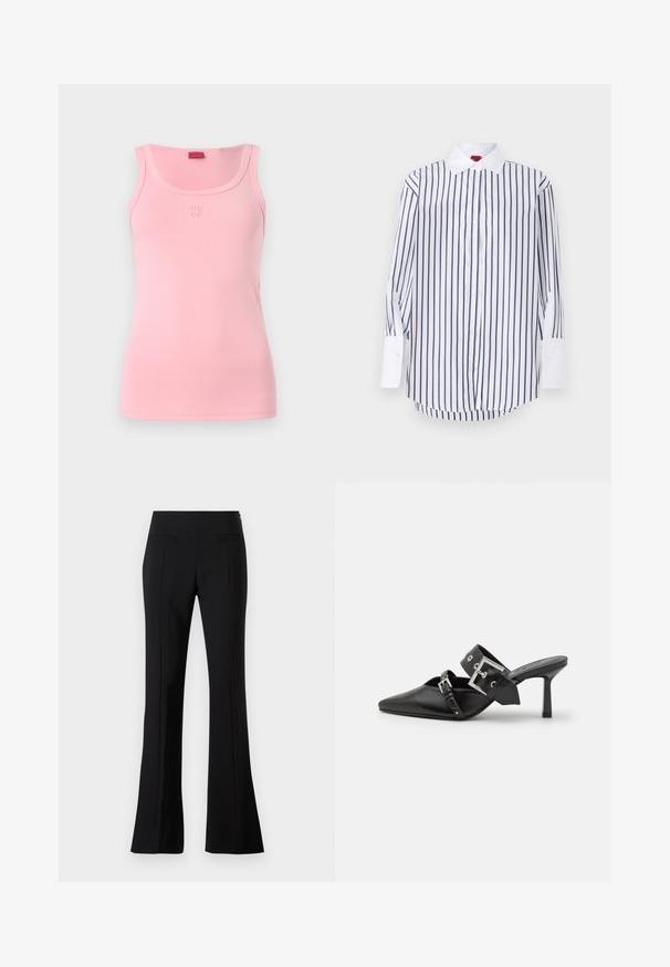 Rosa ärmelloses Tanktop aus weicher Baumwolle, mit einem runden Halsausschnitt und einem kleinen gestickten "HUGO"-Logo auf der Vorderseite.; Weißes Hemd mit navyblauen vertikalen Streifen, langen Ärmeln mit weißen Manschetten, klassischem Kragen und abgerundetem Saum. Glatte Stofftextur.; Schwarze Schlaghosen aus glattem Stoff mit hoher Taille, ausgestattet mit zwei hinteren Taschen und einer Bügelfalte an der Vorderseite jedes Beins.; Schwarze High-Heel-Mules mit spitzem Zeh aus glattem Leder. Mit einem breiten Knöchelriemen, der eine quadratische silberne Schnalle und Nieten aufweist.