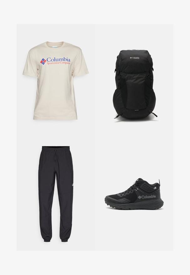 Columbia BASIC LOGO™ SHORT SLEEVE - Potiskana majica - dark stone; Črne atletske hlače iz lahkega materiala, ki imajo elastični pas z vezalko, stranske žepe in zožene manšete na gležnjih.; Črne pohodne čevlje z mrežastim zgornjim delom, teksturiranimi detajli, oblazinjeno podplatom in izstopajočim logotipom. Značilnosti vključujejo varen sistem vezalk in zanko za vleko.; Črn nahrbtnik s zaobljenim vrhom, izdelan iz trpežne tkanine. Ima stranske mrežaste žepe in oznako za dežno zaščito na dnu.