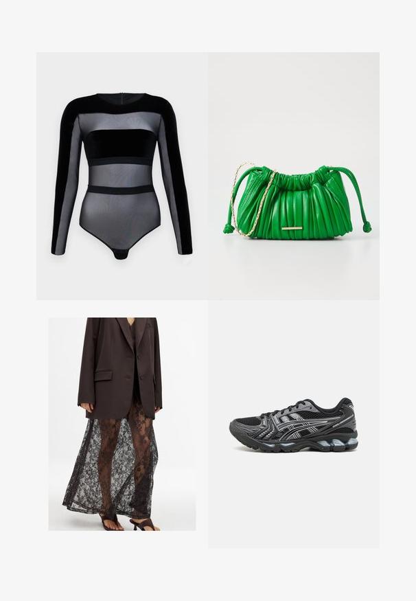 Musta bodysuit pitkillä hihoilla. Tässä on läpinäkyviä verkko- ja samettiosia, pyöreä pääntie ja neppari alhaalla.; Ylimitoitettu ruskea bleiseri läpinäkyvän mustan pitsihameen päällä, jossa on kukkakuosisia yksityiskohtia, yhdistettynä mustiin korkokenkiin.; Musta urheilukenkä, jossa on verkkovuori, hopeisia yksityiskohtia ja pehmustettu pohja. Varustettu nauhakiinnityksellä ja rakenteellisella pohjalla pidon takaamiseksi.; Vihreä nahkakäsilaukku, jossa on ryhdikäs rakenne, kultaketjuyksityiskohta ja nyörilukitus. Sisältää minimalistisen kultaisen varusteakkeen.