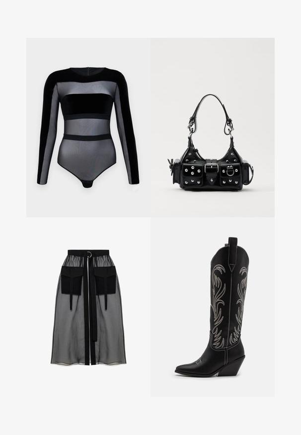Zwart bodysuit met lange mouwen. Bevat doorschijnende mesh- en fluwelen delen, met een ronde halslijn en drukknopen aan de onderkant.; Zwarte doorschijnende rok met een verzameld tailleband, voorzien van twee grote voorzakken, een tailleband met strik en een ronde metalen accent.; Zwarte leren cowboylaarzen met spitse neuzen, wiggenhakken en zilver geborduurde bloemmotieven langs de schacht. Contrasterende stiksels overal.; Zwarte lederen handtas met een gebogen ontwerp, voorzien van zilveren studs, een gesp en twee zijvakken. Verstelbare schouderband voor verschillende draagmogelijkheden.