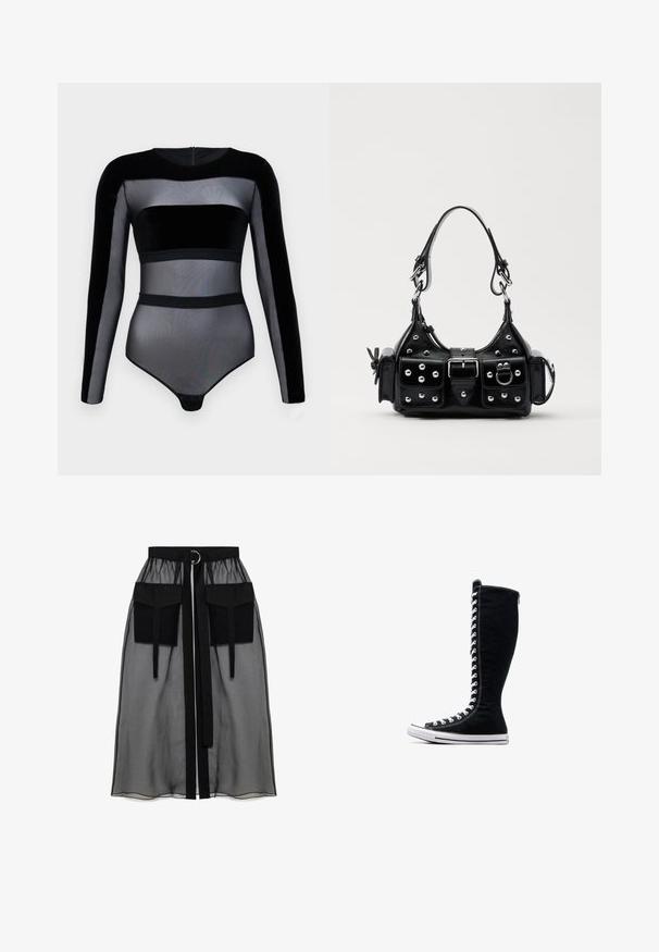 Juodas bodis ilgomis rankovėmis. Yra permatomų tinklelių ir aksomo dalių, apvaliu iškirpimu ir spaudžiamu užsegimu apačioje.; Juoda permatoma sijonas su surinkta liemene, dviem didelėm priekinėm kišenėm, liemens raišteliu ir apvaliu metaliniu akcentu.; Juodos aukštos sportinės bateliai su aukštu dizainu, pagaminti iš kanvo. Su baltais raišteliais, siūlėmis ir guminėmis padais su pirštų kepurėle.; Juodas odinis rankinukas su kreiviu dizainu, su sidabro spalvos knopkėmis, užsegimu ir dviem šoninėmis kišenėmis. Reguliuojama dirželis nešimui.