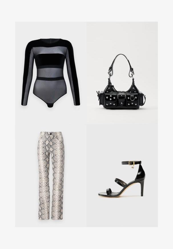 Juodas bodis ilgomis rankovėmis. Yra permatomų tinklelių ir aksomo dalių, apvaliu iškirpimu ir spaudžiamu užsegimu apačioje.; Gyvatės rašto kelnės beigės ir pilkos spalvų schemos. Tiesaus kirpimo, su tekstūruotu paviršiumi ir priekinėmis kišenėmis. Su mygtukų užsegimu.; Juodas patentuotas odinis sandalai su trimis diržais, kulkšnies sagtimi ir 4 colių stiletto kulnu. Yra aukso detalės ir logotipo žavesys.; Juodas odinis rankinukas su kreiviu dizainu, su sidabro spalvos knopkėmis, užsegimu ir dviem šoninėmis kišenėmis. Reguliuojama dirželis nešimui.