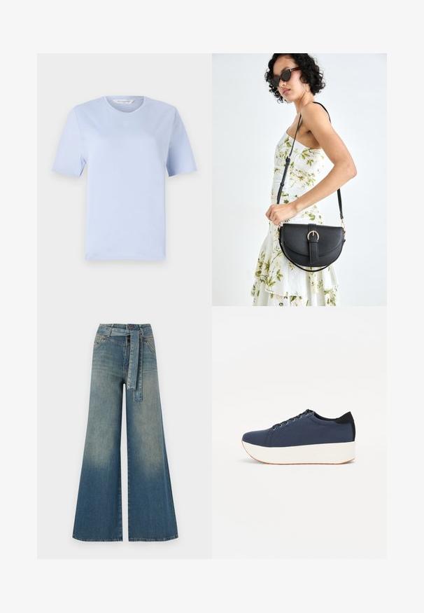 Šviesiai mėlynos spalvos trumpomis rankovėmis marškinėliai, pagaminti iš minkštos medvilnės. Yra apvali iškirptė ir mažas siuvinėtas logotipas krūtinėje.; Platus džinsinis kelnes su šviesiai tamsiai mėlynu gradientu, aukštu juosmeniu, diržo kilpomis ir atitinkančiu audinio diržu. Textūruotas džinsinis paviršius.; Tamsiai mėlynas sportinis batelis su tekstūruotu audiniu viršuje, baltu platformos padu, apvaliu pirštu ir juodu kulno akcentu.š. Yra šešios skylės raišteliams.; Juodas odinis krepšys su išlenkta forma, nuimamu dirželiu ir auksiniais detalėmis. Krepšys turi kilpą su sagtimi.