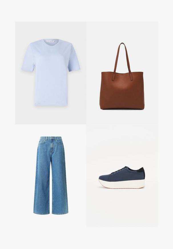 Camiseta de manga corta azul claro hecha de algodón suave. Presenta un escote redondo y un pequeño logotipo bordado en el pecho.; Jeans de pierna ancha hechos de denim azul claro, con una cintura alta, dos bolsillos frontales, lazos para cinturón y un sutil patrón texturizado.; Zapatilla de color azul marino con parte superior de tejido texturizado, suela de plataforma blanca, punta redondeada y acento en el talón negro. Cuenta con seis ojales para los cordones.; Bolso tote de cuero marrón con una textura suave, diseño de apertura superior y dos correas para el hombro. Presenta una costura mínima y sin herrajes visibles.
