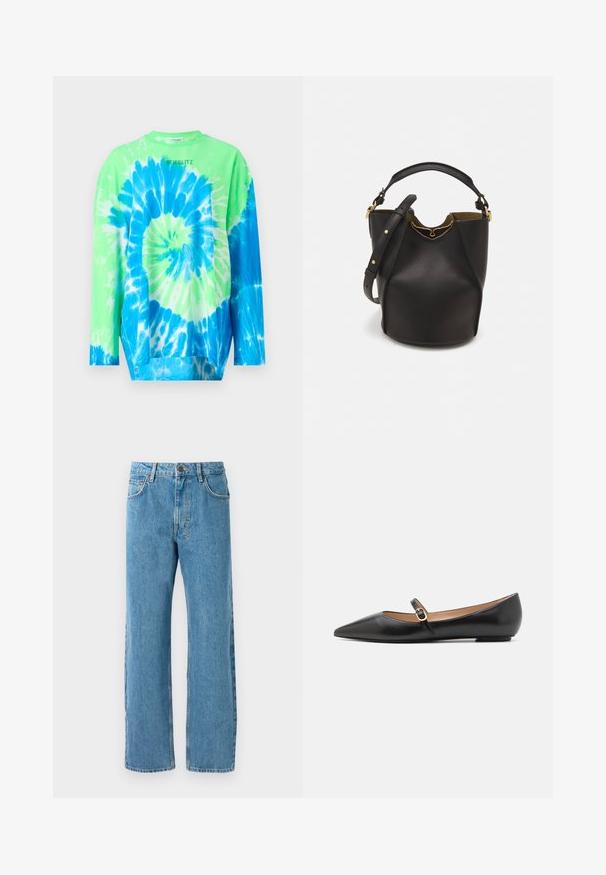 Ilga rankovėmis, skirtas dažymui su raišteliu, šviesiai žalia ir mėlyna spalvomis, su spiralės raštu ir apvaliu kaklu, pagamintas iš minkštos medžiagos.; Šviesiai mėlynos džinsinės kelnes su laisvu kirpimu, aukštu juosmeniu, keturiais kišenėmis ir užtrauktuku. Klasikinis penkių kišenėčių dizainas.; Juodos odinės baleto bateliai su smailiu pirštu ir šoniniu dirželiu, papuoštu apvaliu auksiniu akcentu. Lengvi su plokščiu padu.; Juodas odinis kibiro tipo krepšys su tekstūruotu paviršiumi, auksiniais detalėmis ir atvira viršūne. Yra trumpa rankena ir reguliuojama petneša.