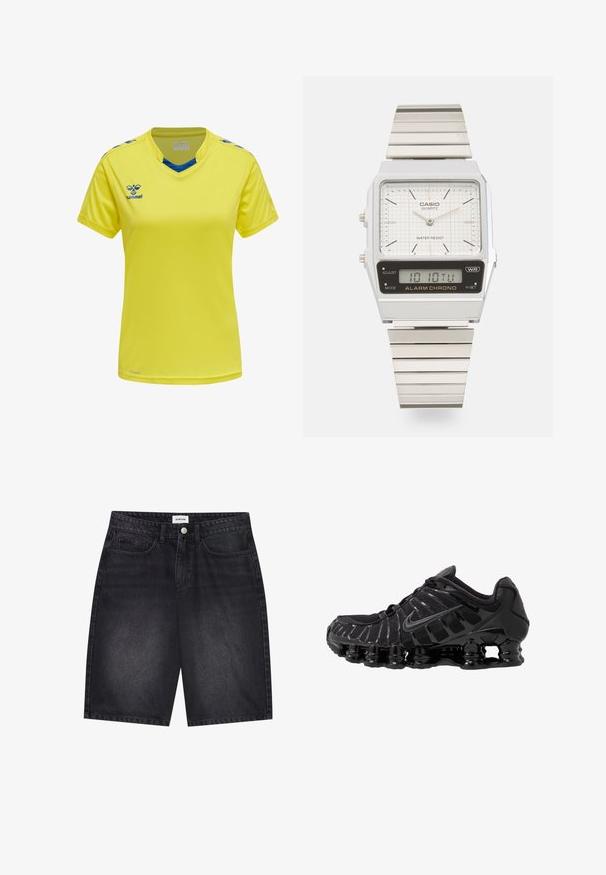 Geel sportshirt gemaakt van lichtgewicht stof. Heeft een V-hals, blauwe accenten op de kraag en schouders, en een logo in het blauw.; Zwarte denimshorts met een klassiek ontwerp. Met vijf zakken, gesloten met een knoop aan de voorkant en stiksel details. Soepele textuur en rechte snit.; Zwarte sportieve schoen met mesh-bovenwerk en glanzende overlays. Bevat afgeronde spoelvering en textuur lijnen aan de zijkant. Nike-logo zichtbaar.; Zilveren Casio kwarts horloge met een rechthoekige wijzerplaat, gestructureerde witte wijzerplaat, analoge wijzers, digitale weergave en een metalen schakelband. Waterbestendig.