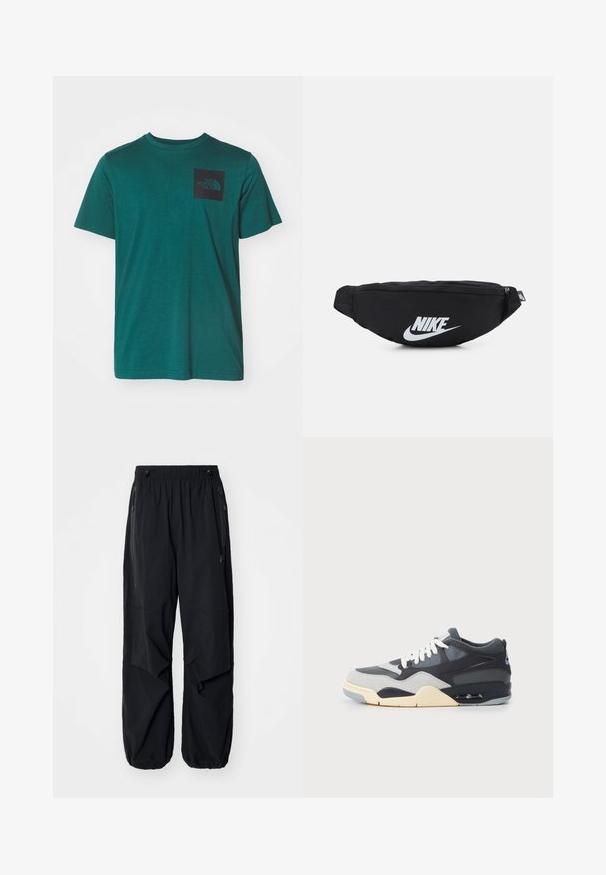 Teal katoenen t-shirt met korte mouwen, ronde hals en een zwarte vierkante zak met een logo op de linkerkant van de borst. Gladde textuur.; Zwarte lichtgewicht cargobroek met een elastische tailleband, zijritsen en ruime zakken. Heeft een losse pasvorm en taps toelopende boorden.; Sneaker met een bovenwerk van gemengde materialen in grijs en marineblauw, gestoffeerde zool, witte veters en een blauwe accentlogo op de hiel.; Zwarte nylon heuptas met een ritsluiting, voorzien van een groot wit Nike-logo. Soepele textuur en ergonomisch ontwerp voor comfortabel dragen.