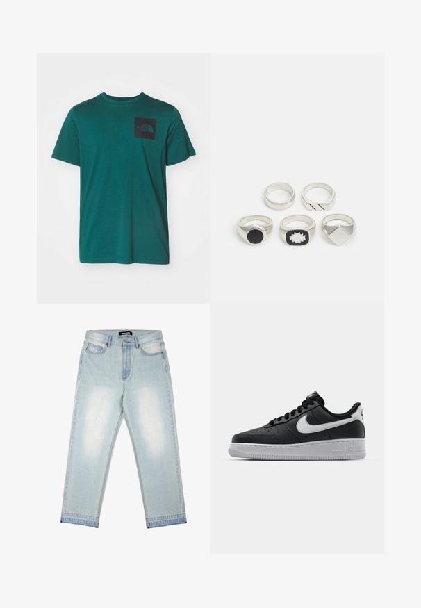 Teal krāsas kokvilnas T-krekls ar īsām piedurknēm, apaļu kaklu un melnu kvadrātveida kabatu ar logotipu kreisajā krūtīs. Gluda tekstūra.; Pegador BARROW - Brīvi džinsi - sand washed blue; Melna ādas sporta apavi ar teksturētu virsmu, balta Nike swoosh zīme, pelēks zole, apaļa pirksta daļa un saistējs dizains. Iekļautas perforācijas uz pirksta kastes.; Pieci sudraba gredzeni: viens ar melnu apaļu detaļu, viens ar baltu un melnu ģeometrisku rakstu, un citi ar dažādām formām un apdarēm.