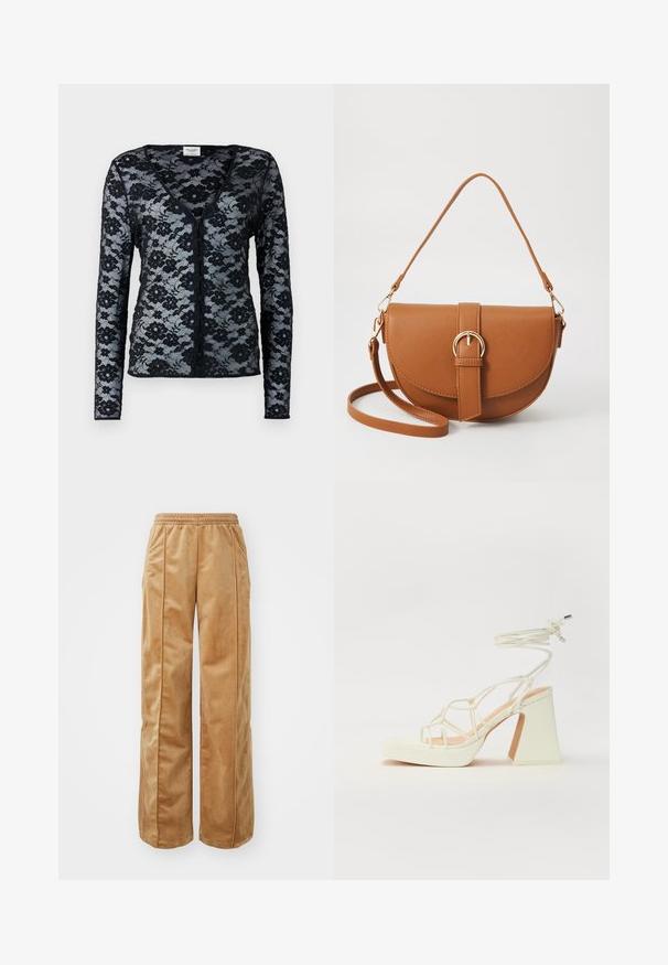 Czarny kardigan z koronką, z długimi rękawami, dekoltem w kształcie litery V i wzorem kwiatowym. Posiada zapięcie na guziki oraz przezroczystą, delikatną teksturę.; Beżowe spodnie wide-leg wykonane z miękkiego, aksamitnego materiału. Posiadają elastyczny pas oraz pionowe szwy z przodu, które dodają szczegółów.; Biała sandał na wysokim obcasie z masywnym słupkiem, z paskowym wzorem i wiązaniem przy kostce. Gładka faktura z platformą z przodu dla dodatkowej wysokości.; Brązowa skórzana torba na ramię o zaokrąglonym kształcie, ze złotymi akcentami i zapięciem w formie klamry. Posiada odpinany pasek na ramię.
