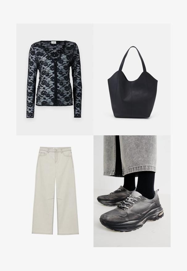 Black lace cardigan with long sleeves, V-neck, and floral pattern. Features button closure and a sheer, delicate texture.; Light gray wide-leg pants with five pockets, front button closure, and contrast stitching along seams. Fabric appears soft and durable.; Black and gray athletic shoes feature a mesh upper, thick soles, and laces. They have a rounded toe and visible cushioning detail.; Black tote bag made of smooth leather, featuring a curved, open top with two shoulder straps and a minimalist design.