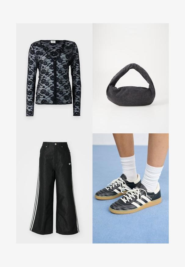 Black lace cardigan with long sleeves, V-neck, and floral pattern. Features button closure and a sheer, delicate texture.; Black wide-leg denim pants with three white stripe accents on each side and a small white logo. Features front pockets and a button closure.; Black leather sneakers with white stripes, round toe, white laces, and gum rubber sole. Accentuated by padded collar and branding details.; Dark gray fabric bag with a curved handle, soft texture, and rounded shape. No visible hardware or embellishments.