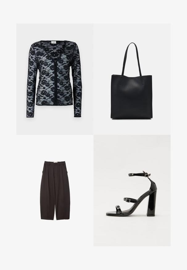 Black lace cardigan with long sleeves, V-neck, and floral pattern. Features button closure and a sheer, delicate texture.; Black wide-leg trousers made from a smooth fabric, featuring a high waist, front pleats, and side pockets. Simple design without embellishments.; Black patent heeled sandals with a square toe, ankle straps, and silver buckles. Features a chunky block heel for stability.; Black leather tote bag with smooth texture, rectangular shape, and two long handles. No visible hardware or embellishments.