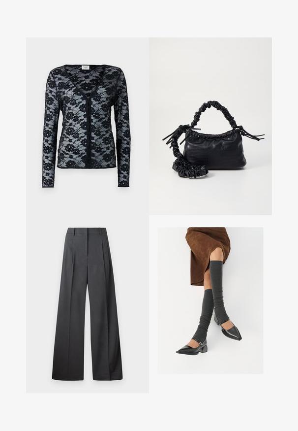 Čierny čipkový cardigan s dlhými rukávmi, výstrihom do V a kvetinovým vzorom. Obsahuje zapínanie na gombíky a jemnú, priesvitnú textúru.; Nohavice s širokými nohavicami z tmavošedej látky, s vysokým pásom, jedinými záhybmi a hladkou textúrou s čistým zakončením na lemoch.; Čierne lakované kožené topánky s špicatou špičkou, blokovým podpätkom a členkovým remienkom, ktoré sú kombinované so šedými rebrovanými legínami a hnedou zamšovou sukňou.; Čierna umelá kožená kabelka s kroko vzorom, sťahovaným vrchom a zhnutým popruhom. Vyzerá mäkko a kompaktné v dizajne.