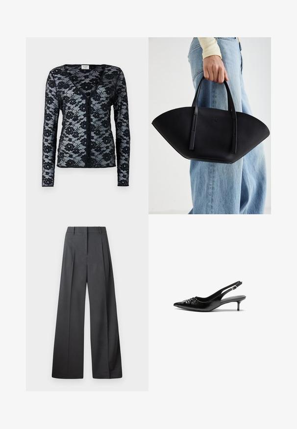 Sort blonde kortærmet cardigan med lange ærmer, V-hals og blomstermønster. Har knaplukning og en gennemsigtig, delikat tekstur.; Bredde benbukser i mørkegrå stof, med høj talje, enkelte læg og en glat tekstur med en ren finish ved kanten.; Sorte læderslippers med spidse tæer, lille kitten hæl og en dekorativ knude detalje foran. Glat tekstur hele vejen rundt.; Sort læderhåndtaske med en unik vifteform, der har flade håndtag. Overfladen har en pebblelignende tekstur og et minimalistisk design.