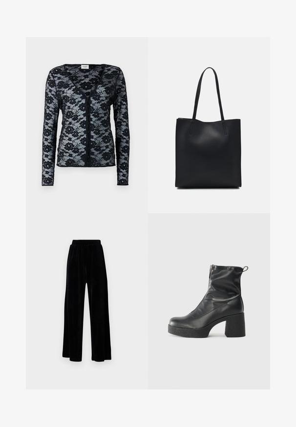 Cardigã de renda preta com mangas longas, decote em V e padrão floral. Apresenta fecho com botões e uma textura transparente e delicada.; Calças largas pretas feitas de veludo suave, com um cós elástico e uma textura lisa, sem detalhes ou padrões visíveis.; Botas de tornozelo pretas feitas de couro liso, com fecho lateral, salto grosso texturizado e design de bico arredondado.; Bolsa tote preta em couro com textura lisa, forma retangular e duas alças longas. Sem hardware ou enfeites visíveis.