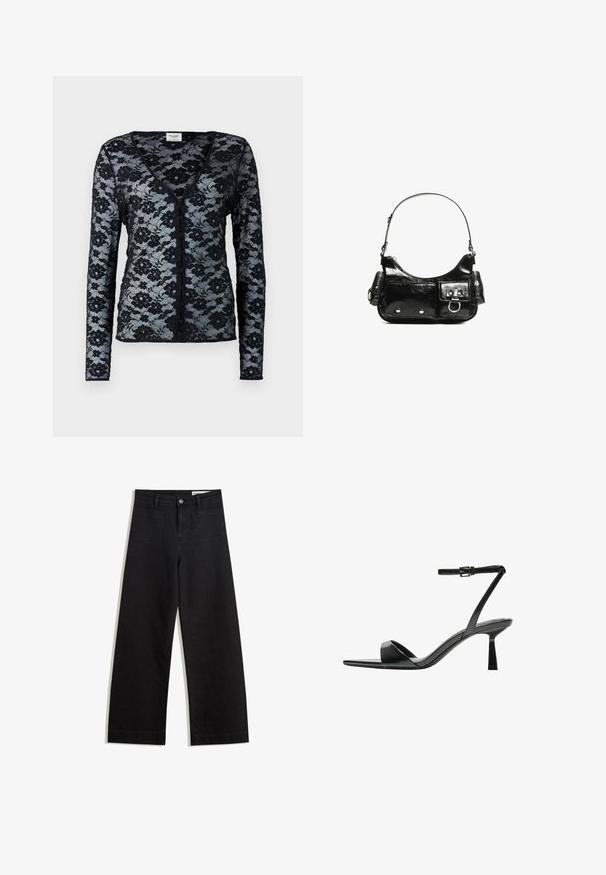 Fekete csipkés kardigán hosszú ujjakkal, V-nyakkivágással és virágmintával. Gombos záródással és áttetsző, finom textúrával rendelkezik.; Fekete, bő szabású farmernadrág magas derékkal, elülső és hátsó zsebekkel, varrott felületekkel és gombos záródással. Sima textúra.; Bershka Magas sarkú szandálok - black; Fekete lakkbőr kézitáska ívelt formával, egy vállpánttal, elülső zsebekkel és ezüstszínű fémrészletekkel.