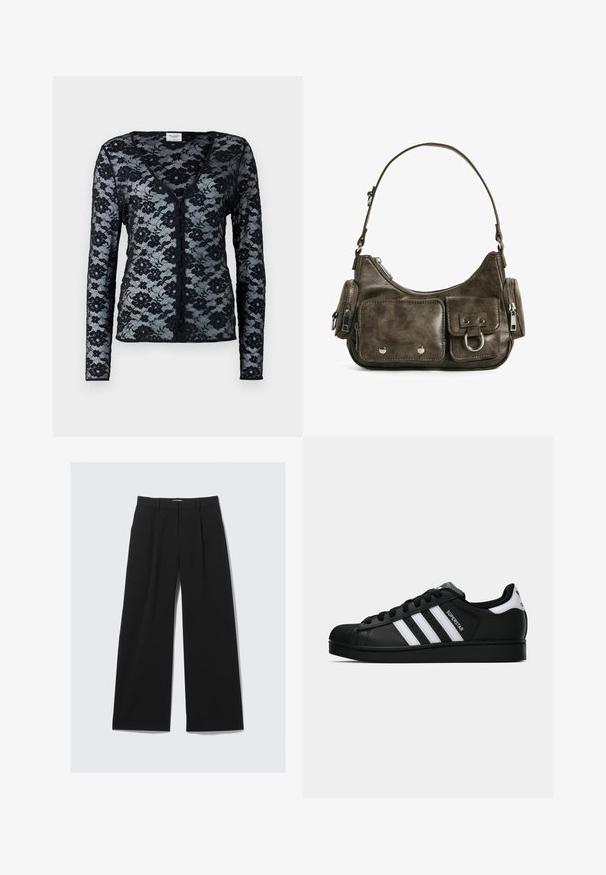 Schwarze Spitzenstrickjacke mit langen Ärmeln, V-Ausschnitt und Blumenmuster. Verfügt über eine Knopfverschluss und eine transparente, zarte Textur.; Schwarze weit geschnittene Hose mit Gürtelschlaufen, vorderen Falten und verdecktem Frontverschluss, auf einem weißen Hintergrund präsentiert.; Schwarzer Adidas Superstar Sneaker mit weißen Streifen, Schalenzehen und "Superstar"-Schriftzug an der Seite, im Seitenprofil auf weißem Hintergrund dargestellt.; Dunkelgrüne Lederhandtasche mit geschwungener Form, Reißverschlussfächern und Taschen auf der Vorderseite mit Klappe. Ausgestattet mit silberfarbenen Beschlägen und strukturierter Oberfläche.
