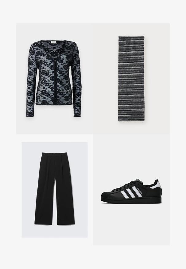 Mustakukallinen kardigan, jossa on pitkät hihat, V-pääntie ja kukkakuosi. Ominaisuuksiin kuuluu nappikiinnitys ja läpikuultava, herkkä rakenne.; Mustat leveät housut vyölenkeillä, etupleidoilla ja piilotetulla etuläpäisellä, esitelty valkoista taustaa vasten.; Musta Adidas Superstar -lenkkari, jossa on valkoiset raidat, kuorisuoja ja "Superstar"-teksti sivussa, esitetty sivuprofiilissa valkoista taustaa vasten.; Neulehuivi mustilla ja harmailla vaaka raidoilla, pehmeä rakenne, pitkulainen suorakulmainen muoto, jossa on pieni etiketti alakulmassa.; Tumma vihreä nahkainen käsilaukku, jossa on kaareva muoto, vetskarilla varustetut taskut ja etupaneelin tasku. Varustettu hopeanvärisillä yksityiskohdilla ja teksturoidulla pinnalla.