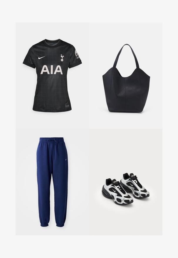 Čierny futbalový dres s mriežkovaným vzorom, so zaobleným golierom, krátkymi rukávmi a logami Nike a Tottenham Hotspur.; Námornícke modré tepláky vyrobené z jemného materiálu s elastickým pásom na šnúrku, elastickými manžetami a malým bielym logom.; Čierne a strieborné športové topánky s vrchnou časťou z sieťoviny a syntetických materiálov, ktorá sa vyznačuje výrazným vlnitým dizajnom a polstrovaným golierom, so vzduchovým odpružením v podrážke.; Čierna taška s dlhým uchom vyrobená z hladkej kože, s oblým otvoreným vrchom a dvoma ramennými popruhmi, minimalistického dizajnu.