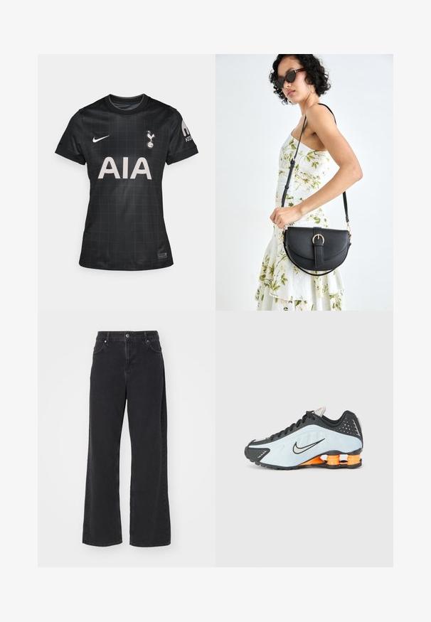 Črn nogometni dres z mrežastim vzorcem, z okroglim ovratnikom, kratkimi rokavi in logotipoma Nike in Tottenham Hotspur.; Črne hlače z visokim pasom in ravno nogavico, z gumbom spredaj, zankami za pas in žepi, prikazane na beli podlagi.; Črne in svetlo modre športne copate s zaobljenim nosom, zgornjim delom iz mrežaste in sintetične tkanine ter oranžno podporo peti v zasnovi, ki absorbira udarce.; Črna usnjena torbica s ukrivljeno obliko, z odstranljivo naramnico in zlatimi dodatki. Torbica ima pokrov s podrobnostmi v obliki zaponke.