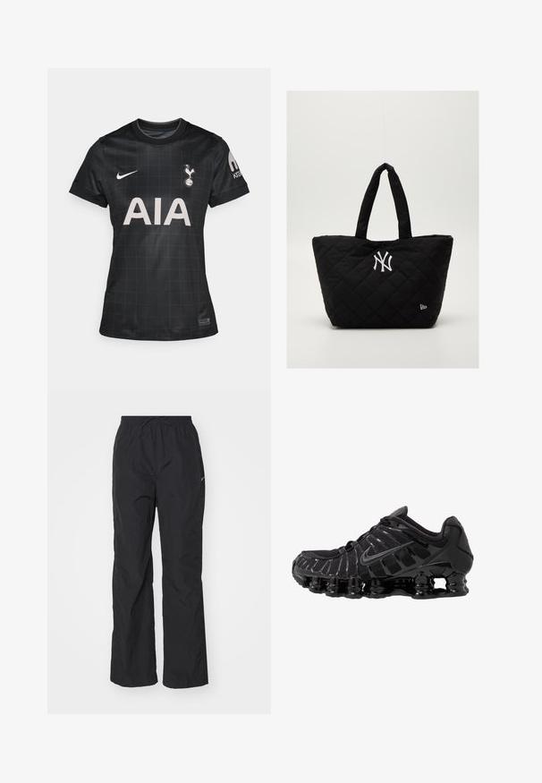Fekete focimez rácsos mintázattal, kerek nyakkal, rövid ujjú, a Nike és a Tottenham Hotspur logójával.; Fekete, könnyű anyagú nadrág, rugalmas derékkal és zsinórral. Texturált felülettel rendelkezik, valamint egy kis fényvisszaverő logóval az oldalon.; Fekete sportcipő hálós felsőrésszel és fényes részletekkel. Ívelt rugózó párnázással és texturált vonalakkal rendelkezik az oldalán. Nike logó látható.; Steppelt fekete táska dupla fogantyúval, fehér New York Yankees logóval és egy kis márkájú emblémával az oldalon.