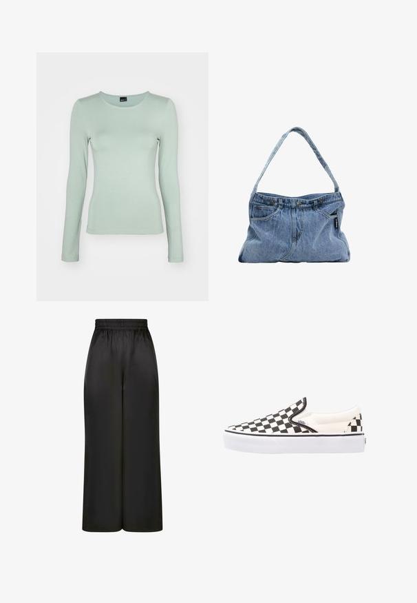 Pikkade varrukatega helesinine pluus pehmest ja venivast materjalist, ümmarguse kaeluse ja figuuri järgiva lõikega, mis omab lihtsat tekstuuri ja peeneid õmblusi.; Mustad laiad püksid, mis on valmistatud siledast, läikivast kangast, millel on elastne vöökoht ja ilma nähtavate taskute või riistvara detailideta.; Mustvalged musta ja valge ruudulise mustriga "Vans" kerged kingad, millel on kanvasest ülemine osa, kummist välistald ja pehmendatud krae. Lame ümar varvas koos valgete taldade aktsentidega.; Denim õlakott, millel on kõver rihm, kaks esipocketit ja nööpiga peal, millel on helesinine kangas ja kontrastsed õmblused.