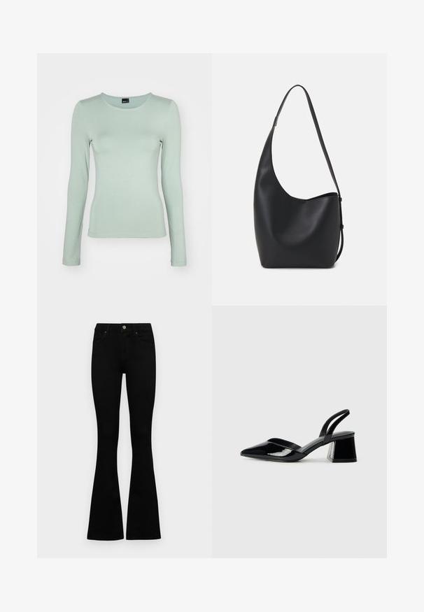 Hosszú ujjú, világoszöld felső puha, rugalmas anyagból, kerek nyakkivágással és testhez simuló fazonnal, egyszínű textúrával és finom varrásokkal.; Fekete, magas derekú farmernadrág gomb- és cipzárzárral, elülső zsebekkel és harangszárral, laposan egy fehér háttérre terítve.; Fekete lakk bőr szandálkés magas sarkú cipő, hegyes orral és geometrikus tömbsarkakkal. Karcsú, minimalista dizájn és sima textúra jellemzi.; Fekete bőr hobo táska sima textúrával, ívelt formával és egyetlen állítható pánttal; széles nyílás található a tetején.