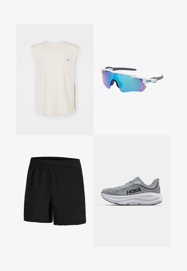Cremfarbener ärmelloser Top aus leichtem Material mit V-Ausschnitt, seitlichen Schlitzen und einem kleinen Logo auf der linken Brust.; Schwarze Sportshorts mit einem breiten, elastischen Taillenbund, glatter Oberfläche und Seitentaschen. Entworfen für Komfort und Bewegungsfreiheit.; Grauer Sportschuh mit Netzoberstoff, HOKA-Branding, gepolsterter Zwischensohle und Gummisohle. Verfügt über ein geschwungenes Design und strukturierte Details.; Sonnenbrille mit einem weißen Rahmen, grauen Akzenten und blauen Spiegellinsen. Sportliches Design, umschließende Form und verstellbare Nasenpads.