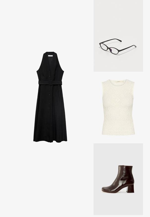Mouwloos topje van witte kant met een geweven bloemenpatroon. Aansluitend ontwerp, ronde halslijn en gladde zoomranden.; Zwarte mouwloze jurk met een riem, met een knoopsluiting aan de voorkant en een vloeiende rok, gemaakt van een gladde stof met een minimalistisch ontwerp.; Chie Mihara MUKI - Enkellaarsjes met sleehak - sucre choco; Zwarte kunststof brillen met een ovale vorm, voorzien van heldere lenzen en een paarse accent op de linkerlens. Strak, minimalistisch ontwerp.; BALAGAN ROHA - Handtas - dark brown