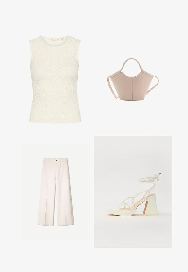 Top bez rukava od bijele čipke s reljefnim cvjetnim uzorkom. Prilagođeni kroj, okrugli izrez i glatki rubovi.; Kreme hlače širokih nogavica s krojem koji je prilagođen, s dva prednja džepa i jednim prednjim zatvaranjem na gumb, izrađene od glatkog materijala.; Bijela sandala na visokoj potpetici s debelim petom, s remenom i vezanjem oko gležnja. Glatka tekstura s platformom sprijeda za dodatnu visinu.; Bež kožna torba jedinstvenog oblika, s dva kratka ručka i dugom podesivom trakom. Glatka tekstura s minimalnim metalnim dodacima.