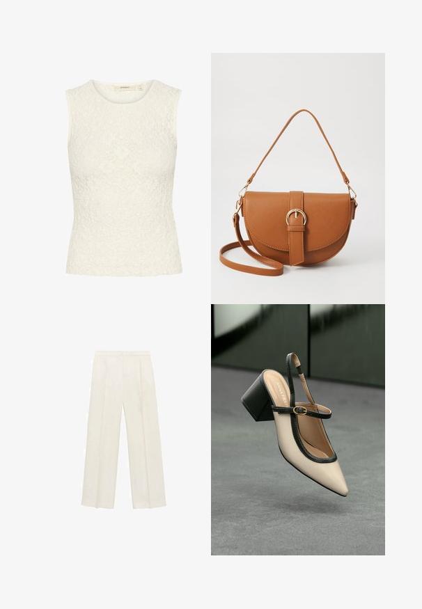 Mouwloos topje van witte kant met een geweven bloemenpatroon. Aansluitend ontwerp, ronde halslijn en gladde zoomranden.; Wijdgevallen broeken in een lichtcrème kleur. Gemaakt van een zachte stof met plooien aan de voorkant en zijzakken.; Beige puntige slingback schoen met zwarte rand, gouden gesp en een chunky blokhak op een grijze vloer met een donker groene achtergrond.; Bruine leren schoudertas met een gebogen vorm, gouden hardware en een gespaccent. Bevat een afneembare schouderriem.