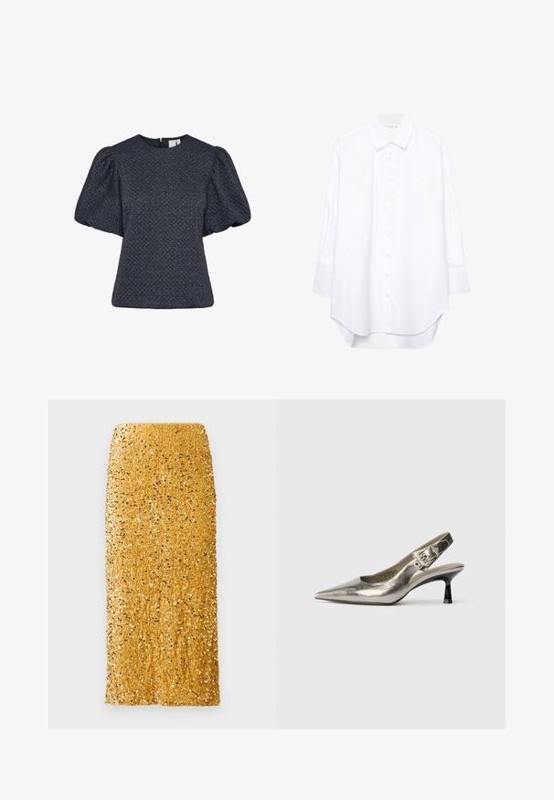 Texturovaná námořnická blůza s krátkými puff rukávy, kulatým výstřihem a zipem na zádech. Vyrobena z lesklé tkaniny s vzorem.; Bílá košile s dlouhým rukávem a zapínáním na knoflíky, s špičatým límcem a zakulaceným lemem, vystavená na jednobarevném pozadí.; Zlatá midi sukně pokrytá lesklými flitry se rovnými liniemi a vysokým pasem na bílém pozadí.; Metalické stříbrné slingback lodičky s špičatou špičkou, malým černým podpatkem a detailem s přezkou na pásku. Hladký kožený povrch.