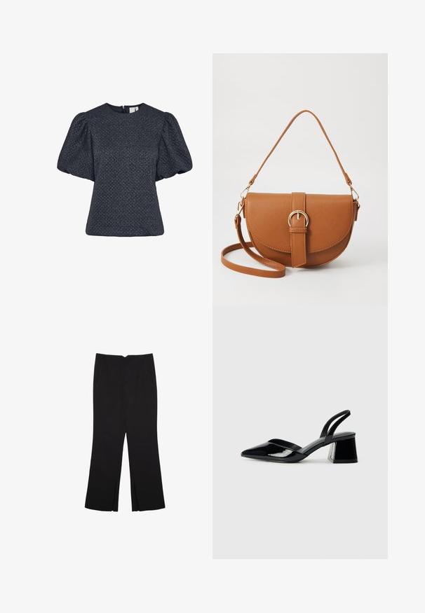 Blusa navy di tessuto strutturato con maniche a sbuffo corte, scollatura rotonda e dettaglio con zip sulla schiena. Realizzata in un tessuto luccicante con un motivo.; Pantaloni neri a gamba dritta, con tasche frontali e spacchi laterali all'orlo. Realizzati in tessuto morbido e liscio. Adatti a diverse occasioni.; Décolleté in vernice nera con punta affusolata e tacco in geometria cubica. Presentano un design elegante e minimalista, con una texture liscia.; Borsa a tracolla in pelle marrone con forma curvata, hardware dorato e un dettaglio con fibbia. Presenta una tracolla rimovibile.