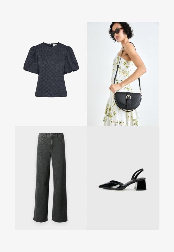 Texturált sötétkék blúz rövid puff ujjakkal, kerek nyakkivágással és hátul cipzárral. Csillogó anyagból készült, mintás kivitelben.; Sötét szürke denim széles lábú farmer, diszkrét zebra mintás textúrával, kontrasztos varrással és öt zsebes kialakítással, gombos zipzárral.; Fekete lakk bőr szandálkés magas sarkú cipő, hegyes orral és geometrikus tömbsarkakkal. Karcsú, minimalista dizájn és sima textúra jellemzi.; Fekete bőrtáska ívelt formával, levehető pánttal és arany színű fémrészekkel. A táskán egy csattal díszített fedél található.