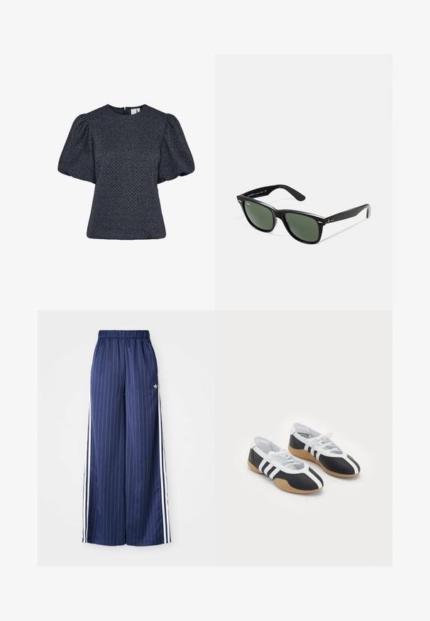 Texturovaná námořnická blůza s krátkými puff rukávy, kulatým výstřihem a zipem na zádech. Vyrobena z lesklé tkaniny s vzorem.; Námořnické modré kalhoty s širokými nohavicemi a vertikálními bílými pruhy, s elastickým pasem a třemi bílými pruhy po každé straně, vyrobené z lehkého materiálu.; Černobílé sportovní boty s elegantním designem, gumovou podešví, šněrováním a třemi bílými pruhy po stranách.; Černé plastové sluneční brýle se zelenými skly, čtvercové obroučky, stříbrný detail na obočí a texturované stranice. Značka uvedená na vnitřní straně stranic.