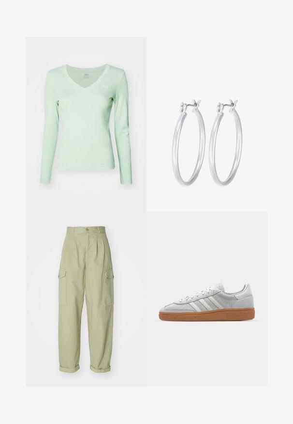 Light green long-sleeve V-neck top made of soft fabric, featuring a slim fit and a small logo on the left chest.; Light green cargo pants made from cotton fabric. Features a high waist, rolled cuffs, and two side cargo pockets for added utility.; Light grey suede sneaker with white leather accents, three white stripes, and a brown rubber sole, featuring a padded collar for comfort.; Silver hoop earrings with a smooth, polished finish. Round shape and secure click-top closure. Lightweight design suitable for everyday wear.