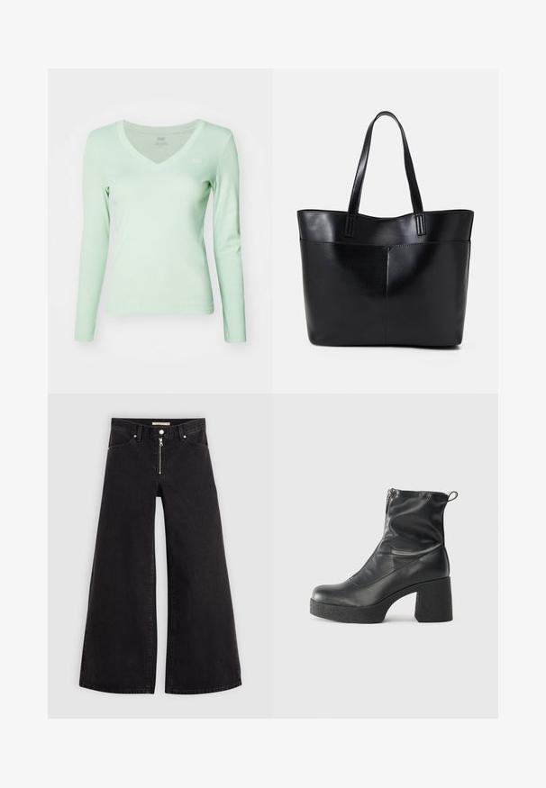 Hele roheline pika varrukaga V-kaelusega särk, mis on valmistatud pehmest kangast, sellel on slim fit lõige ja väike logo vasakul rinnal.; Laiad teksad mustast denimist, millel on lukuga eesmine osa, viie taskuga disain ja peened õmblusdetailid. Sile tekstuur ja juhuslik stiil.; Mustad mustad ansapüksid, mis on valmistatud siledast nahast, külje zipperiga, paksu tekstuuriga kontsaga ja ümmarguse nina disainiga.; Must mustaga musta nahast, millel on kaks pikka kanda, sile tekstuur ja struktureeritud kuju. Esipoolsel on lisakoti jaoks tasku.