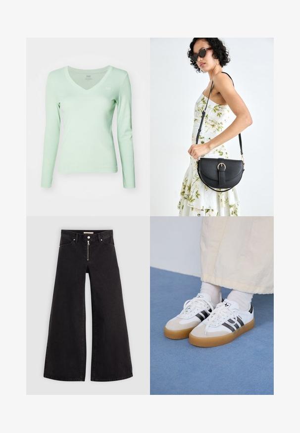 Gaiši zaļš garas piedurknes V-veida kakla tops, izgatavots no mīksta auduma, ar šauru piegriezumu un nelielu logo kreisajā krūtīs.; Platas kājas džinsi melnā džinsa audumā ar rāvējslēdzēju priekšā, piecu kabatu dizains un smalkas šuvju detaļas. Gluda tekstūra un ikdienišķs stils.; Baltas sporta apavi ar melnām svītrām un beisīgo zamšādu akcentiem. Ievies struktūrētu gumijas zoli un izkārtotas baltas šnerves, valkāti ar gaišiem zeķēm.; Melnas ādas rokassoma ar izliekta formu, noņemamu siksnu un zelta aksesuāriem. Somai ir vāciņš ar sprādzes detaļu.