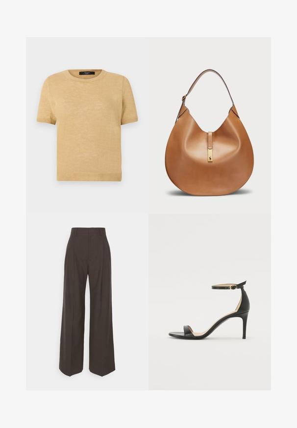 Kratký rukáv pletený svetr v svetle béžové barvě, s kulatým výstřihem a žebrovaným lemem a manžetami pro texturu a pohodlné nošení.; Tmavě hnědé kalhoty s širokými nohavicemi a vysokým pasem, s elegantně vyžehlenými puky, hladkou texturou a přesným střihem.; Černá kožená sandálová bota na vysokém podpatku s páskem kolem kotníku. Vyznačuje se hladkým povrchem, otevřenou špičkou a tenkým podpatkem. Detail v zlatém tónu na sponě.; Kabelka z hladké koženky v tan barvě, s křivkovým tvarem a širokým ramenním popruhem. Obsahuje zlatý kovový akcent ve středu a hladký povrch.