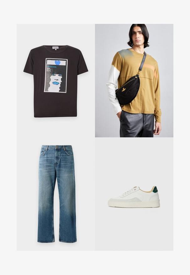 Fekete pamut póló, amelyen egy női arc grafikai terve látható kék ajkakkal, nagy kék szemekkel és szívvel, fehér téglalap keretezésében.; Világoskék, széles szárú farmer, elhasználódott mosással, egy gombos záródással, öt zsebbel és kontrasztos varrással.; Fehér sneaker suédé részletekkel, kerek orral, lapos fűzőkkel és krémszínű gumitalppal. Zöld logó található a sarkán.; Vivienne Westwood CITY BUMBAG UNISEX - Övtáska - black