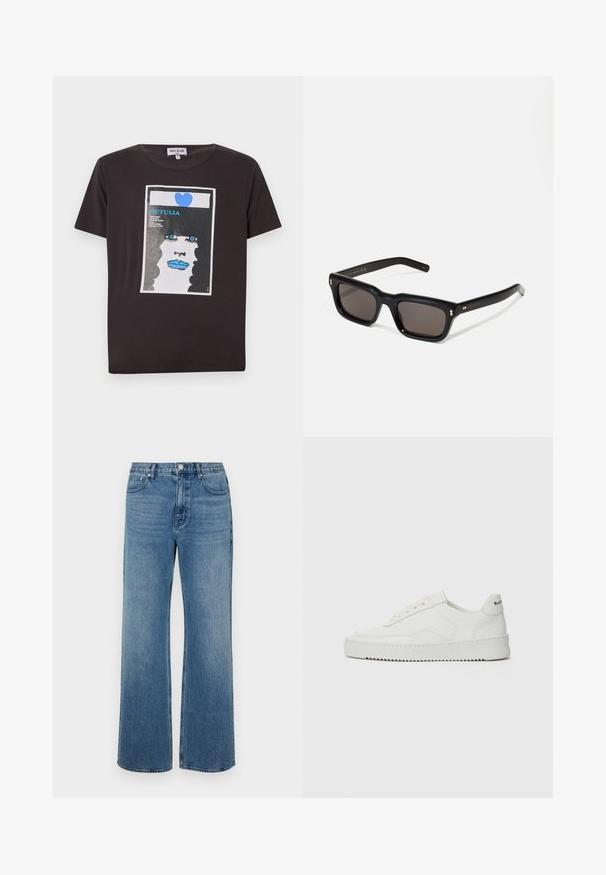 Svart bomull T-skjorte med grafisk design av et kvinnelig ansikt med blå lepper, store blå øyne og et hjerte, rammet inn i et hvitt rektangel.; Bredde ben blå jeans laget av denim med en falmet finish. Har fem lommer, frontlukking med knapper og rett snitt.; Hvite lærersneakers med en jevn overflate, rund tå, flate lisser og en teksturert såle. Har en subtil logo på hælen.; Sorte rektangulære solbriller med mørke linser, tykk plastikkramme, gullaccenter på skulderpartiet og merkevarelogo gravert på armen.